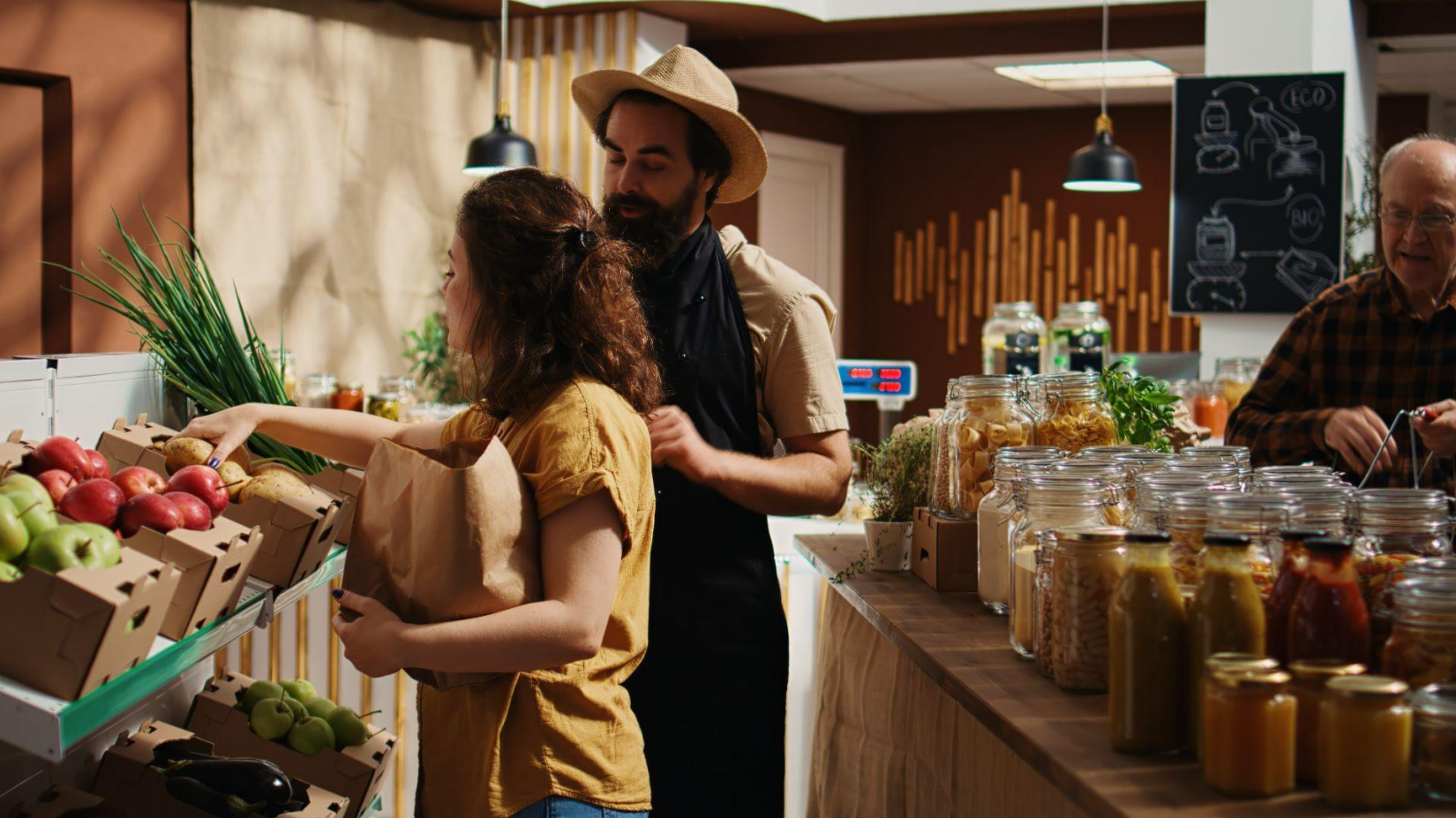 two people buying groceries