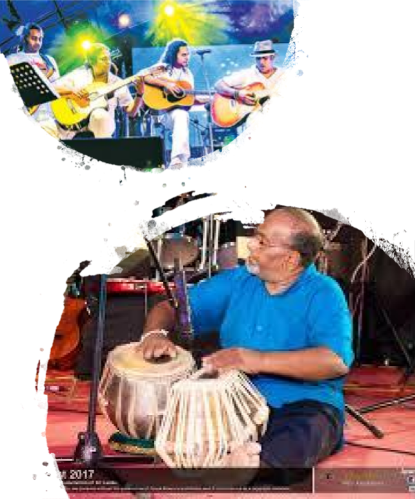 Band playing musical instruments and one guy playing tabla