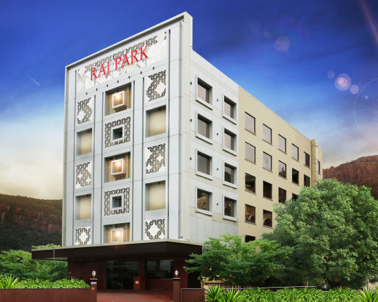 alt-text A design of the exterior facade of Hotel Raj Park - our Luxury Hotel in Tirupati