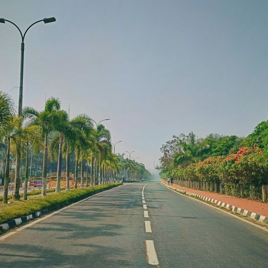 an empty road in Agartala with trees on either side and street light as a divider