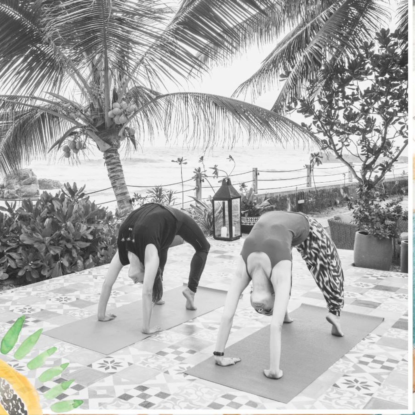 black and white image of two people doing yoga  0