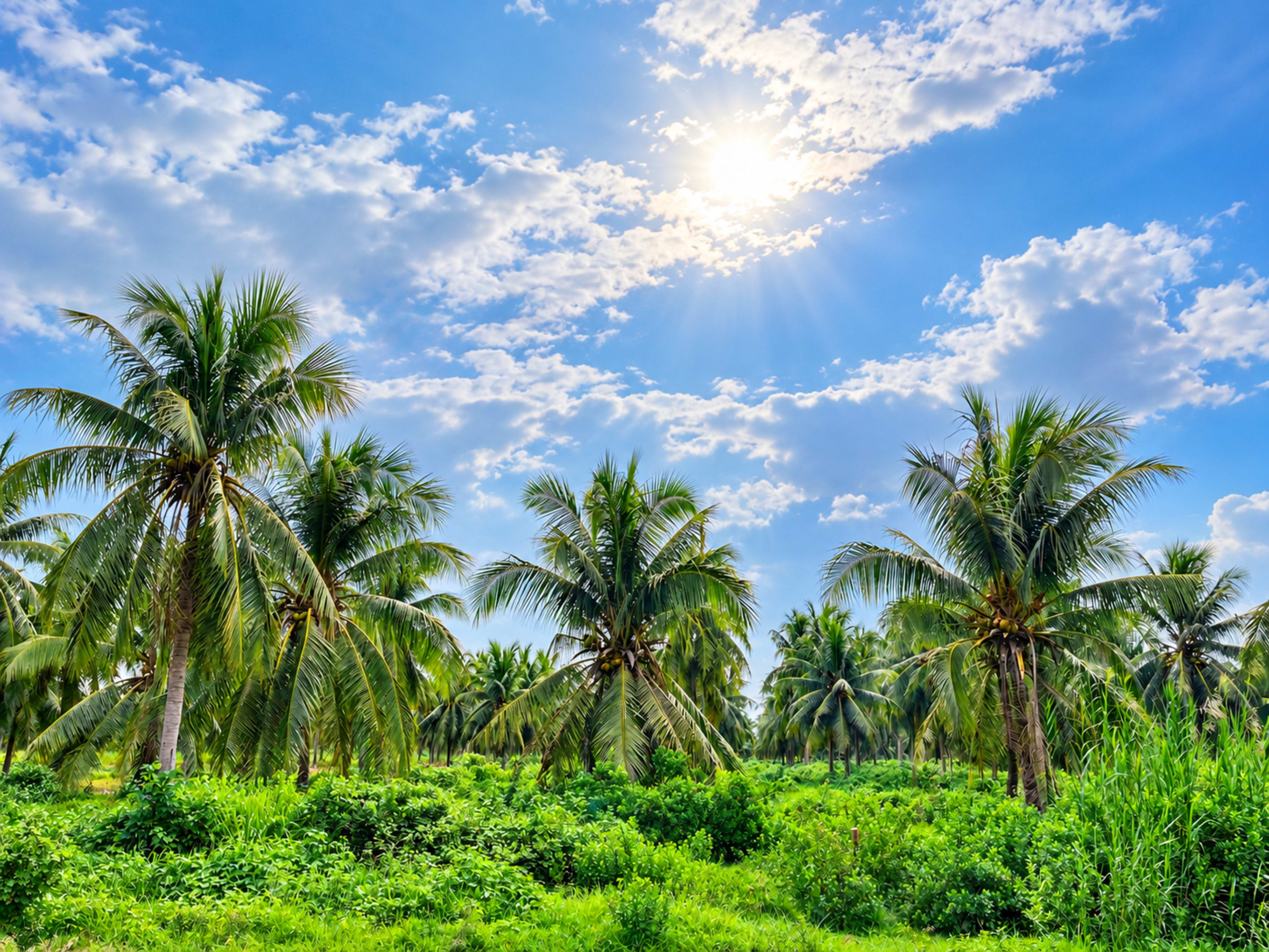 Coconut palms and green fields in Vietnam