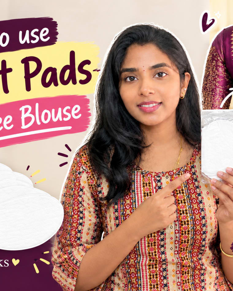 Sira Aari Works founder holding a sweat pad beside a photo of a plum-and-gold Aari-embroidered blouse with a deep back cutout, with icons for absorbing sweat, preventing stains, and staying fresh