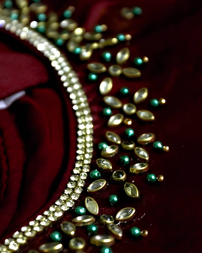 Close-up of kundan stone and pearl embroidery detail, by SIRA
