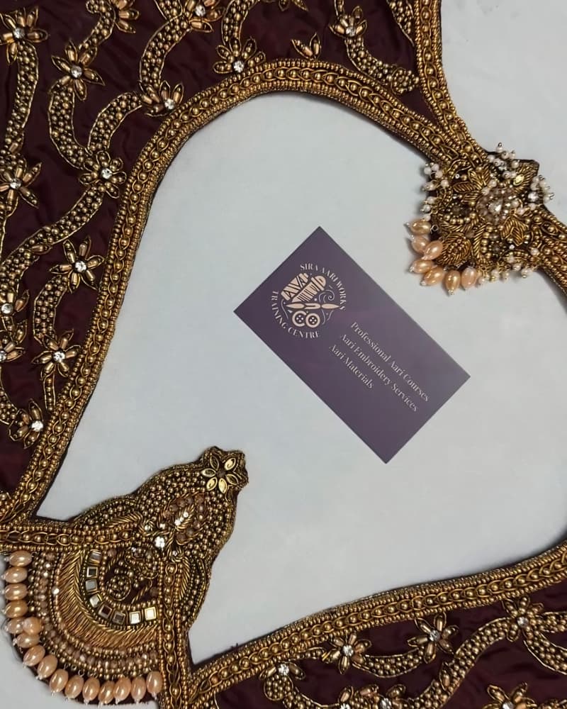 Maroon blouse with gold bead and pearl embroidery, by SIRA