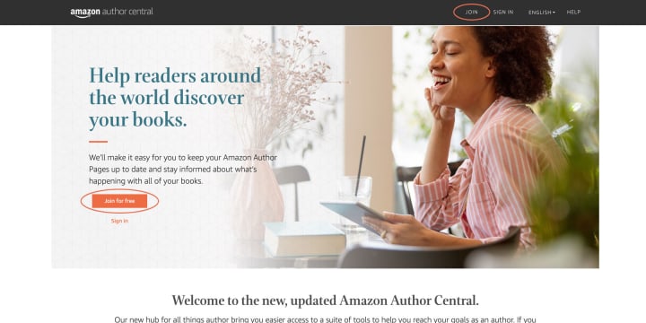 Author Central Sign-Up page will welcome you to sign-up or sign-in through the buttons located throughout the page.