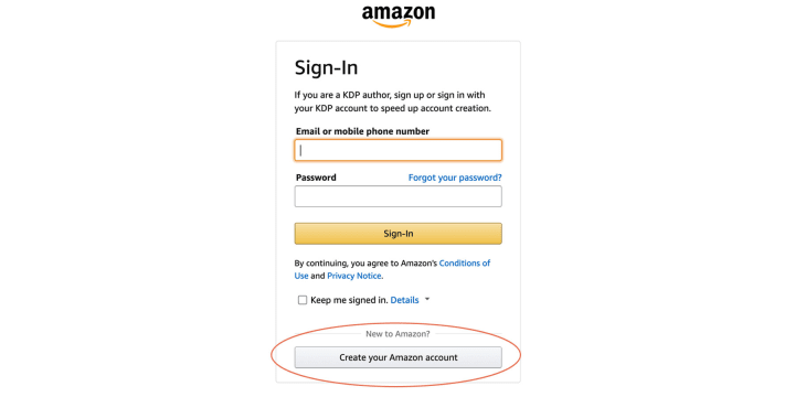 The button to create a new account is right below the "New to Amazon?" text.