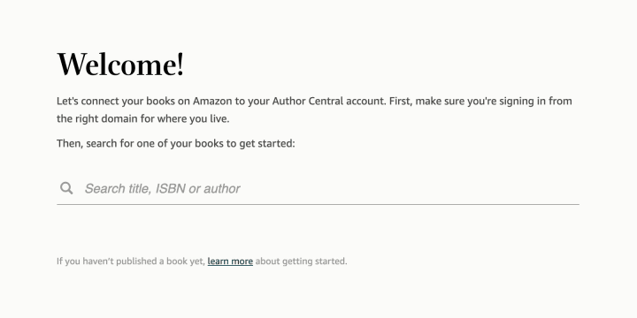 Author Central's welcome screen will help you find your book through a search bar.