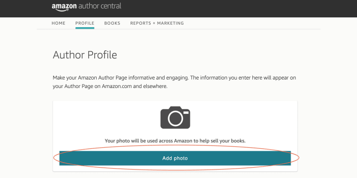 The "Add Photo" button in your author profile section will take you to an upload screen.