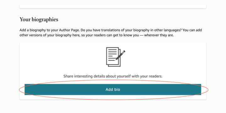 You can find the "Add Bio" button on the right of your author profile screen