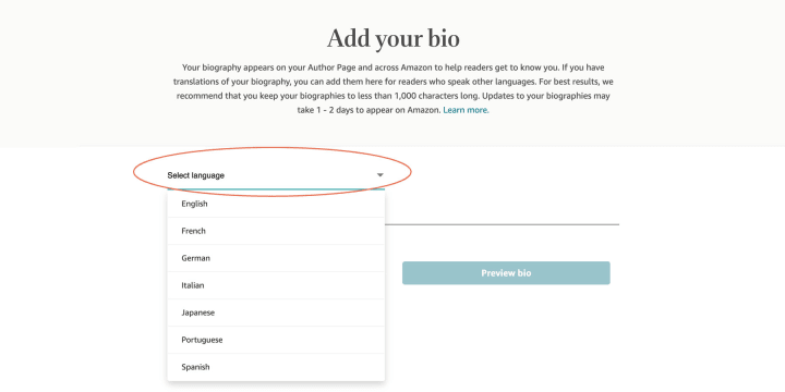 You can select between seven different languages for you biography