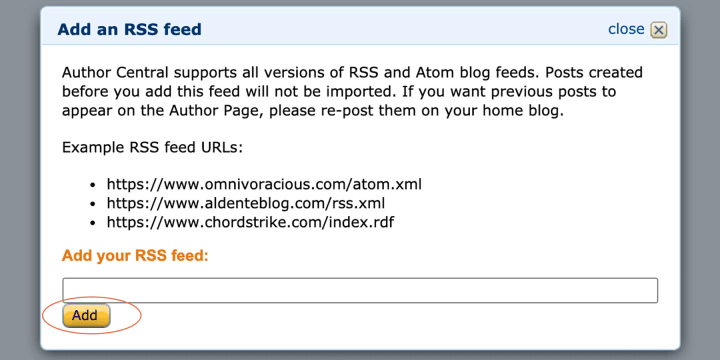 Author Central will give you instructions about linking your RSS feed URL to your author profile