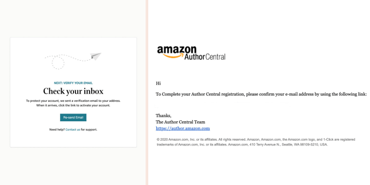 Amazon's email will read "To complete your author central registration, please confirm your e-mail by using the following link" address 