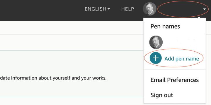 The "Add Pen Name" button is inside a sub-menu that opens clicking on your name.