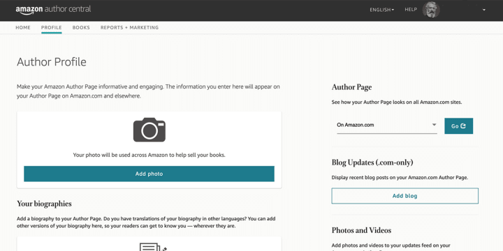 Author Central's "Profile" section will let you change your headshot, add a biography, link an external blog, and create a multimedia gallery.