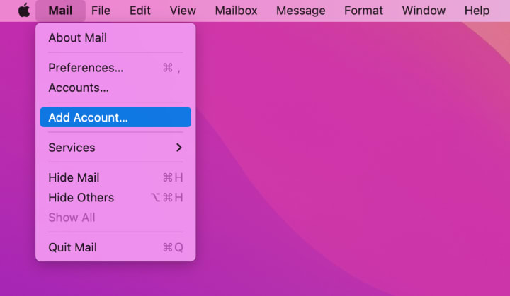 The "Add account" option is the fourth under the "Mail" menu.