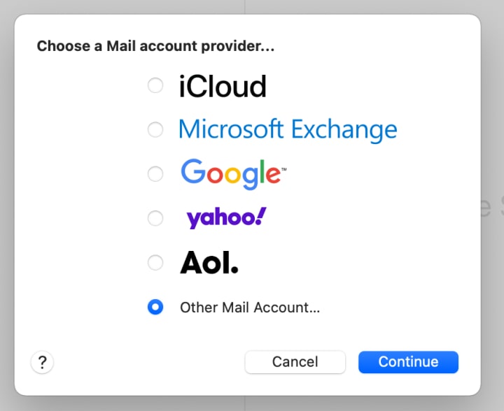 The "other mail account" option is the last of the list.