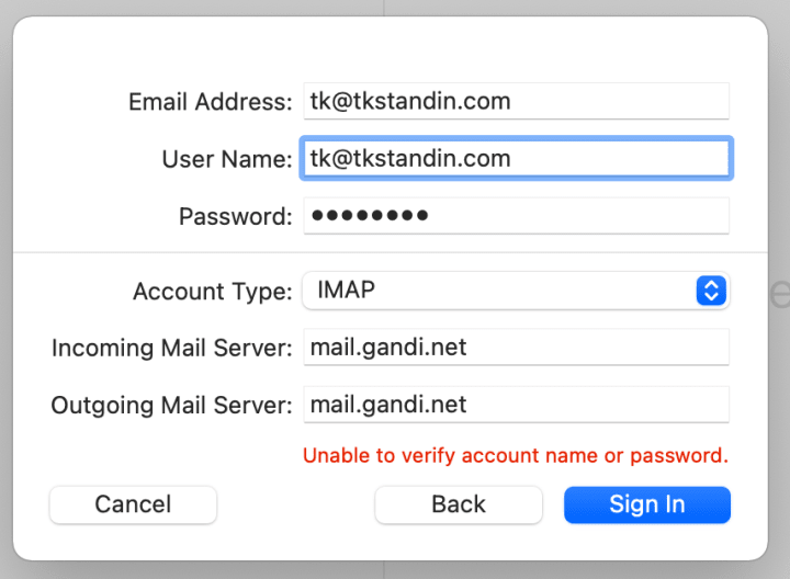 The IMAP window will have three fields, a drop down, and two more fields.