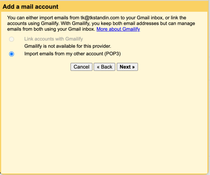 The "Import emails from my other account (POP3)" is the second option in the window.