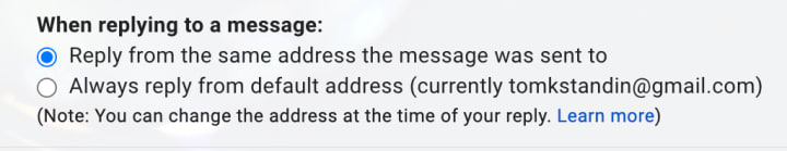 The "Reply from the same address the message was sent to" is the first checkbox.