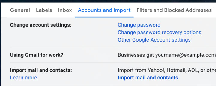 Accounts and Import is the third option in the "Settings" menu.