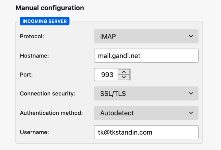 To set up your incoming server, you will need to select the right options in three dropdowns and fill in three fields with the information above.