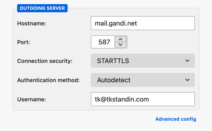 To set up your outgoing server, you will need to select the right options in two dropdowns and fill in three fields with the information above.