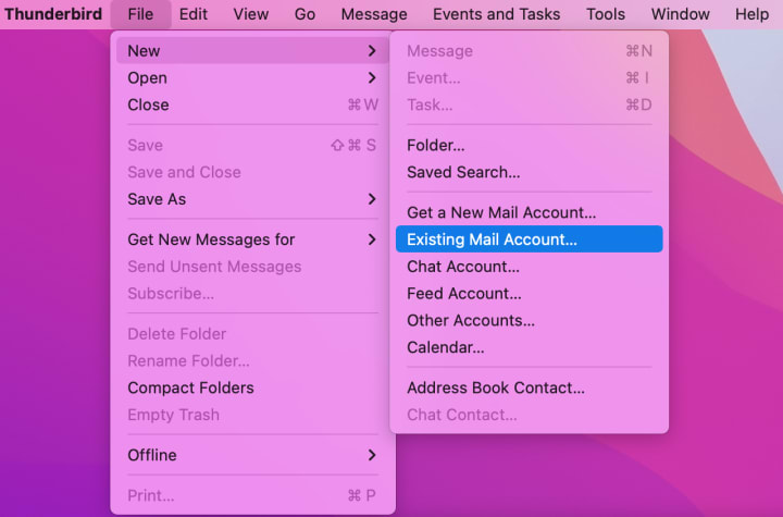 You will find the "Add existing mail account" in the "New" submenu inside the "File" menu.