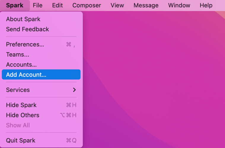 The "Add account" option is the sixth in the Spark menu.