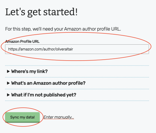 Copy/paste your Amazon author profile in the box at the top of the window. The button to move forward is at the bottom-left