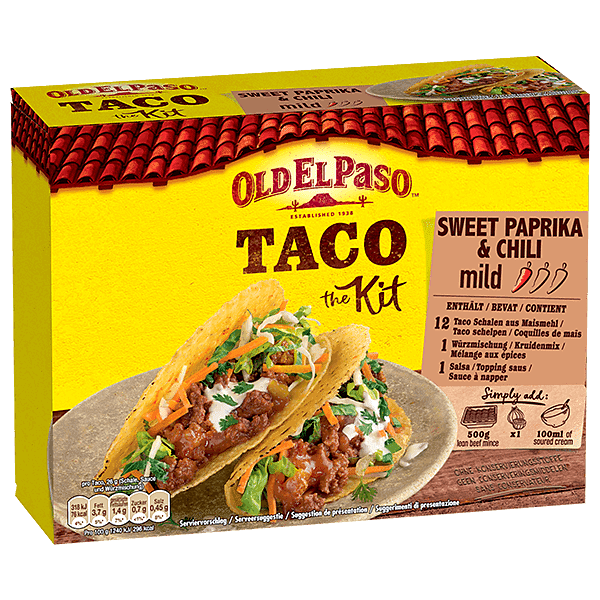 paquet de coquilles à tacos sucrées avec du paprika doux et du chili Old El Paso 308g
