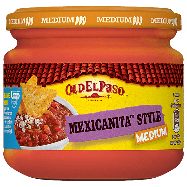 Sauce apéritive mexicanita moyenne Old El Paso tomates et jalapenos dans un pot en verre de 335 g