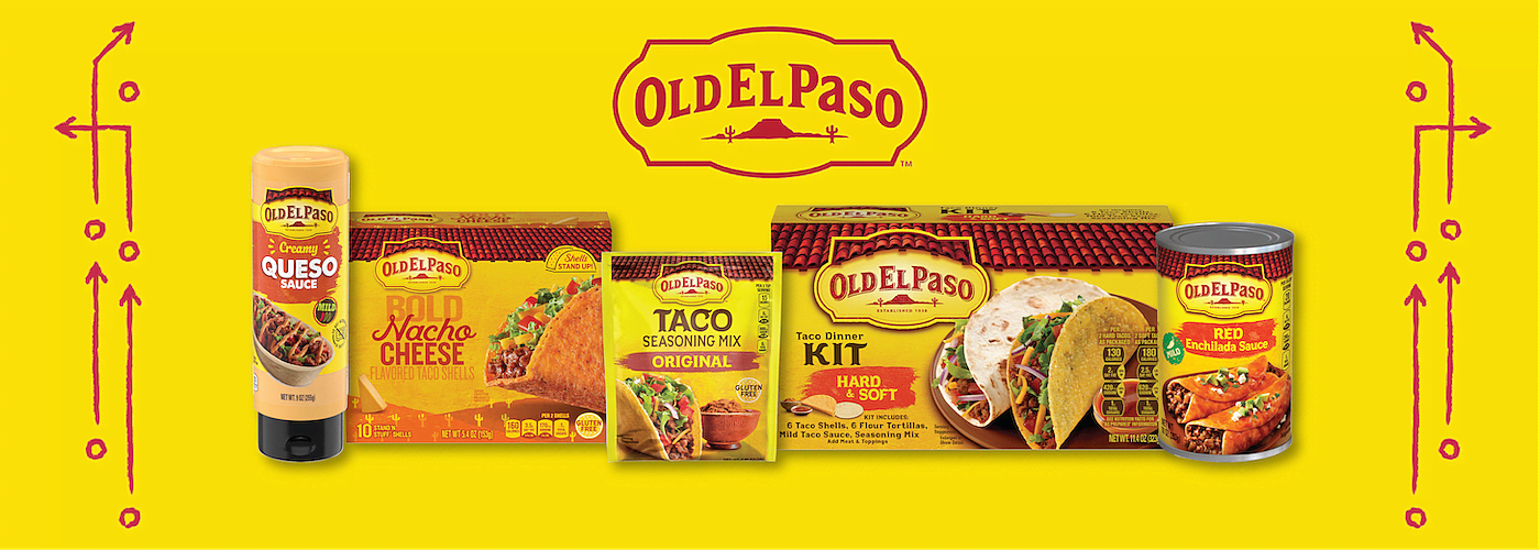 The image showcases a variety of Old El Paso Brand Mexican food products, including Queso sauce, Nacho Cheese taco shells, Taco Seasoning Mix, a Taco Dinner Kit, and Refried Beans. The products are displayed against a yellow background with the Old El Paso logo prominently featured at the top.