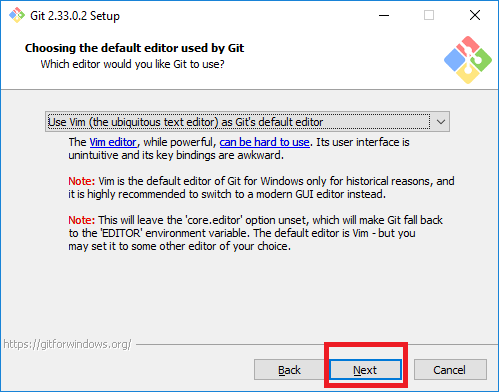Choosing the default editor used by Git