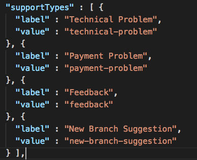 drop down menu items JSON code