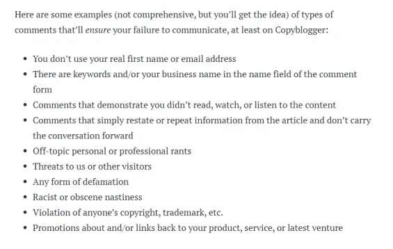 Things to avoid writing a comment on CopyBlogger