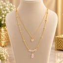 Gold Plated Layered Necklace with Heart and Pink Stone Pendants — view 1
