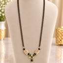 Traditional Double Strand Black Beaded Mangalsutra with Green and White Stones — view 1