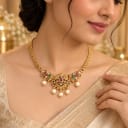 Exquisite Gold Plated Temple Necklace with Multi-color Stones and Pearls — view 2