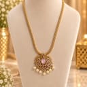 Gold-Plated Traditional Long Necklace with Pink Stone and Pearls — view 1
