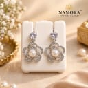 Silver Plated Cubic Zirconia and Pearl Flower Drop Earrings — view 1