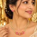 Gold Plated Pink Floral Pearl Layered Necklace Set with Matching Earrings — view 2