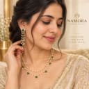 Elegantly Crafted Double Layered Pearl and Emerald Green Stone Necklace Set — view 2