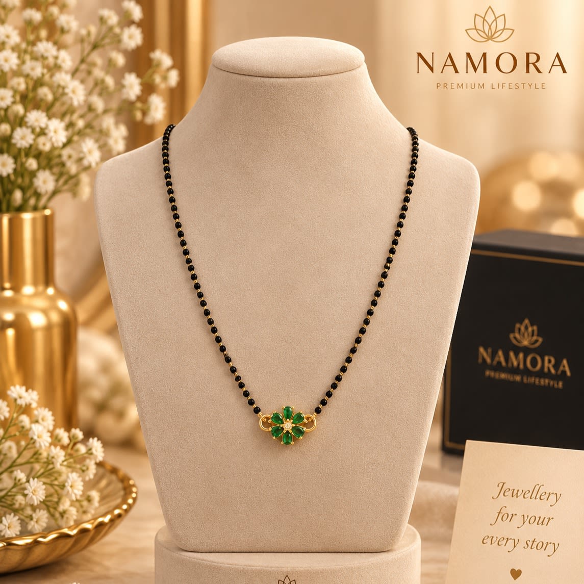 Namora Elegant Gold Plated Floral Emerald Green Stone Mangalsutra
