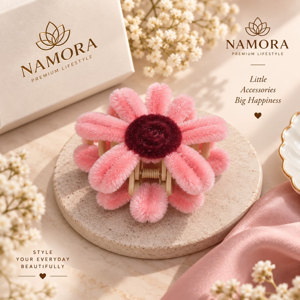 Namora Fluffy Pink Flower Hair Clutcher
