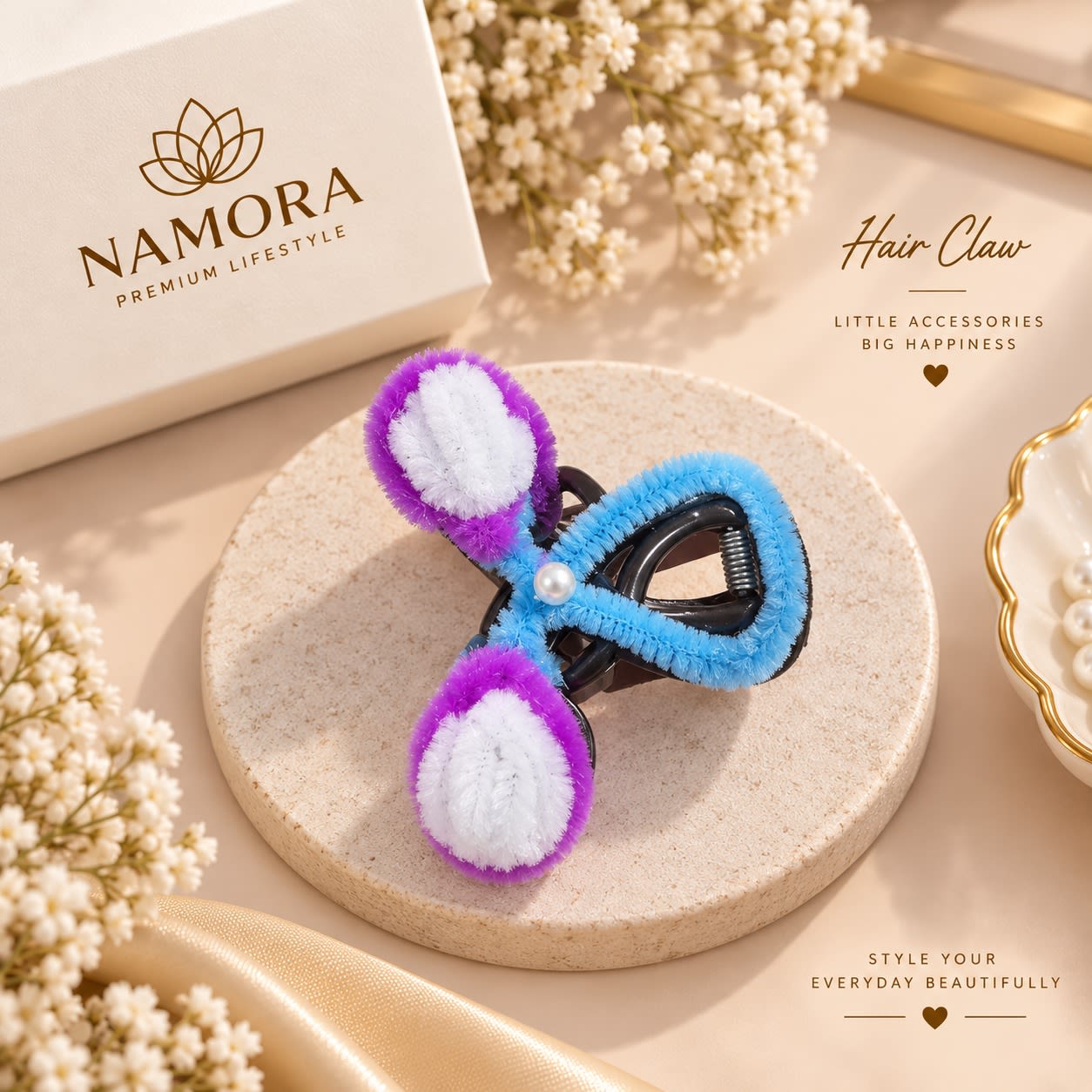 Namora Premium Fluffy Blue and Purple Hair Claw with Pearl Accent
