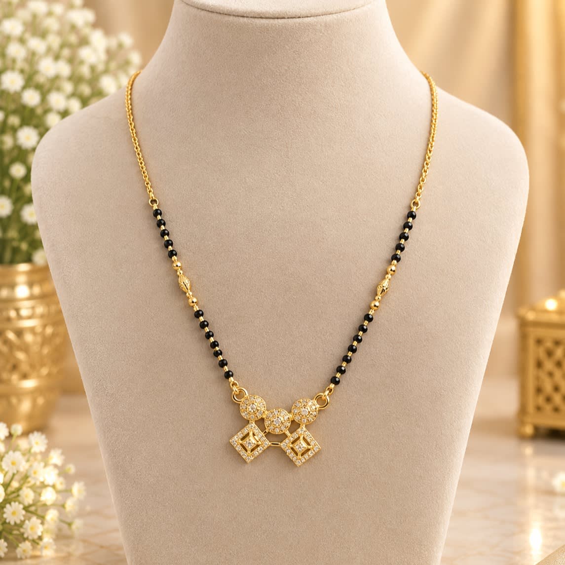 Exquisite Gold Plated American Diamond Mangalsutra with Black Beads