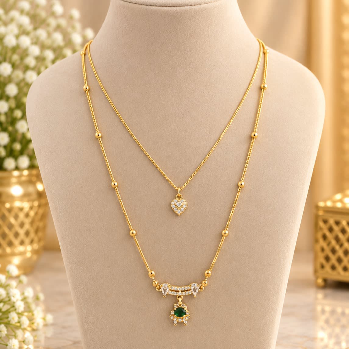 Exquisite Double Layered Gold Plated Mangalsutra with Green Stone Pendant