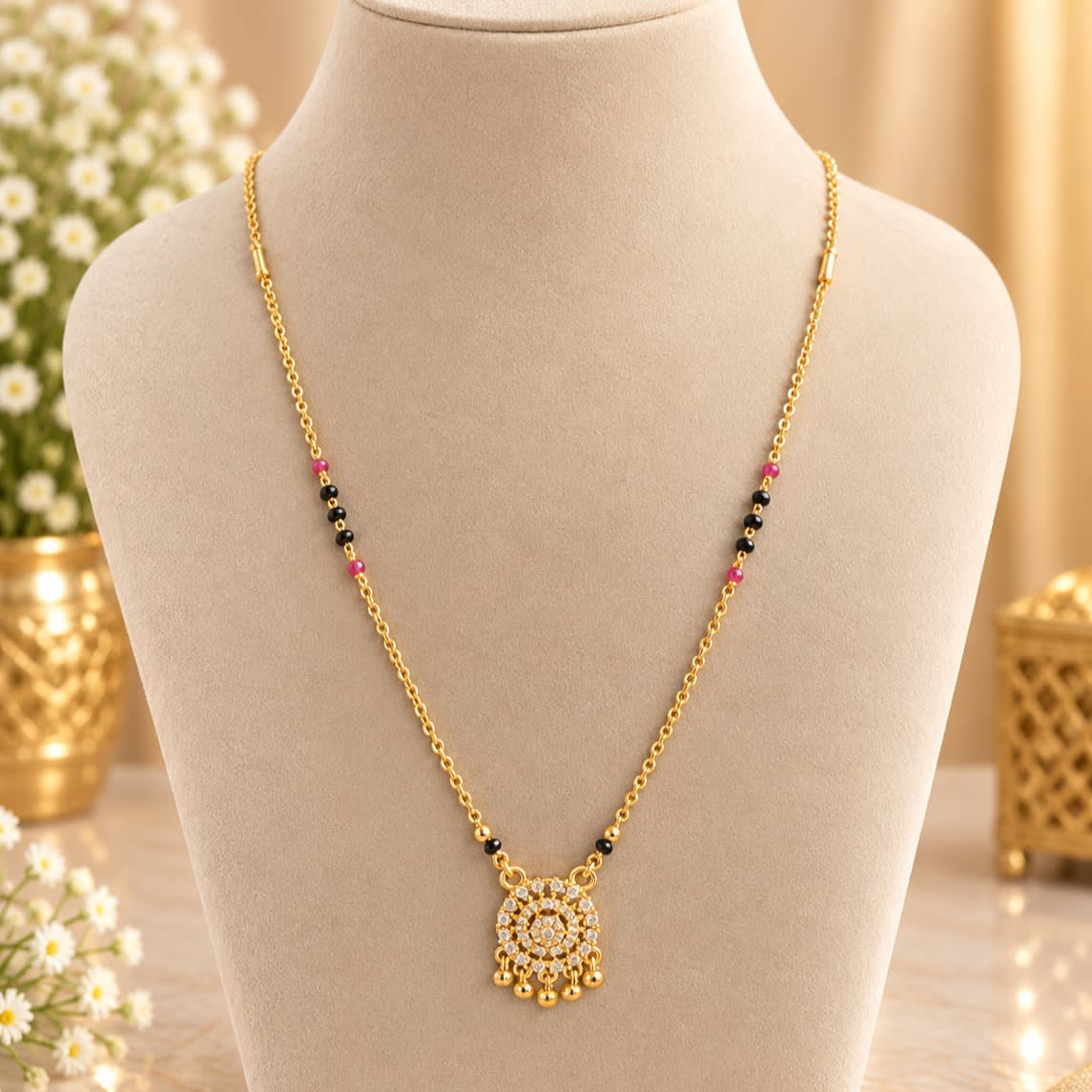 Elegant Gold Plated American Diamond Mangalsutra with Black Beads