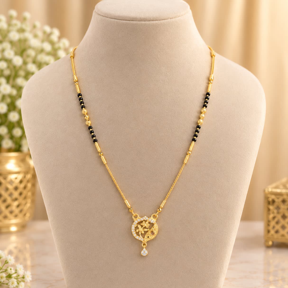 Elegant Gold Plated Floral Pendant Black Beaded Mangalsutra
